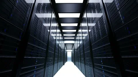 Data center aisle with rows of black server racks and blue LED lights Vídeos de archivo 21532102