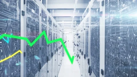 Data center aisle showing animated graph lines entering from left, visualizing Stock Footage 332955978