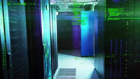 Data center aisle showing blue cabinet while green code overlay drifting from Stock Footage 333830327