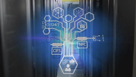 Data center aisle showing hex HUD appearing and sending branching network 動画素材 332566479