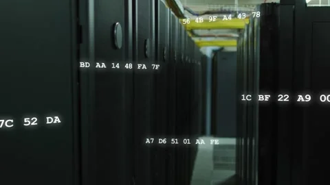 Data center aisle static, hex strings appearing and drifting, forming overlay Stock Footage 332804738