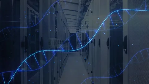 Data center aisle static while faint blue helix emerging left sweeping center, Stock Footage 332577602