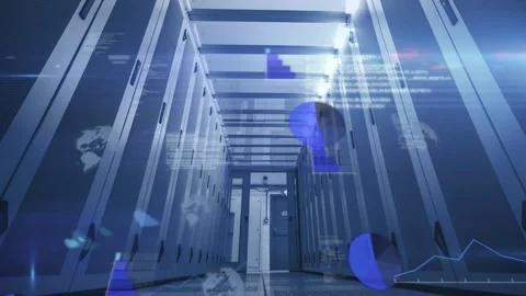 Data center aisle staying central while data driving pie charts moving left over Stock Footage 332900558