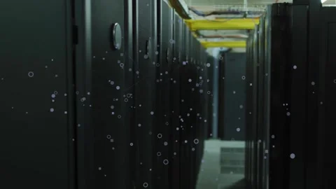 Data center aisle staying static while dot overlay starting front and drifting Stock Footage 331789859