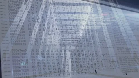 Data center aisle staying static after one sec overlay appearing rising into hex Stock Footage 332613804