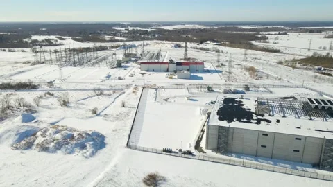 Data Center and Electrical Substation in Winter Industrial Landscape Stock Footage 331442882
