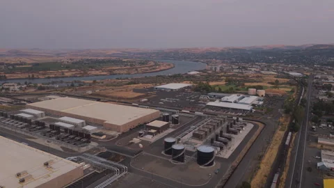 Data Center and Freight Train in The Dalles Oregon Stock Footage 347772996