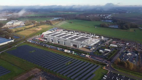 Data Center and Solar panels. In WInschoten, Groningen, The Netherlands. Stock Footage 321603354