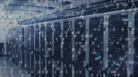 Data center being illustrated in 3D render showing server racks network cables 库存影片 327200832