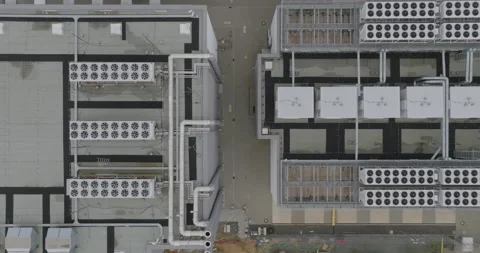 Data Center Building Aerial top down Shot Of Cooling System Vídeos de archivo 214657149
