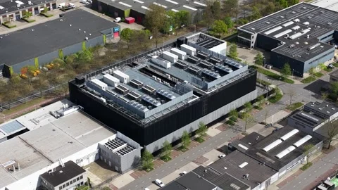 Data center building aerial view with cooling system and solar panels Stock Footage 336618063