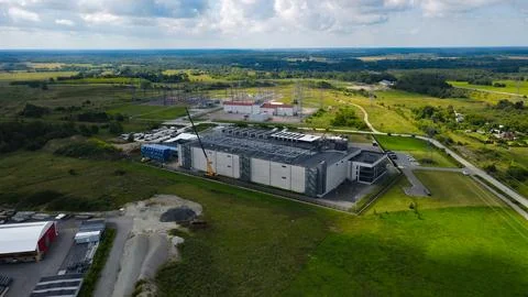 Data center building construction with cooling systems and substation Stock Photos