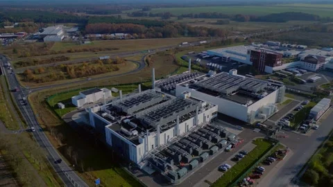 Data center building global cloud ai computing. Unique aerial view flight drone Stock Footage 321392371