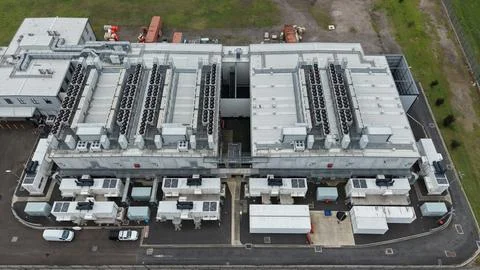 Data center building with rooftop cooling systems infrastructure Stock Photos
