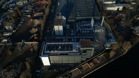 Data center building server cooling infrastructure. Dramatic aerial view drone Stock Footage 324818243