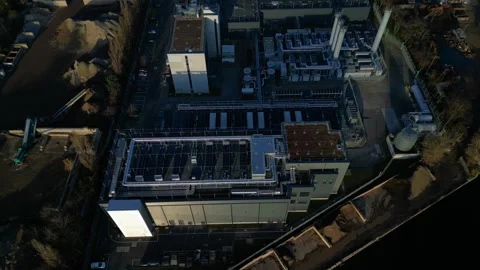 Data center building server cooling infrastructure. Majestic aerial view drone Stock Footage 324818247
