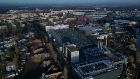 Data center building server cooling infrastructure. Magic aerial view drone Stock Footage 324818289