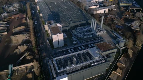 Data center building server cooling infrastructure. Smooth aerial view drone Stock Footage 324949740