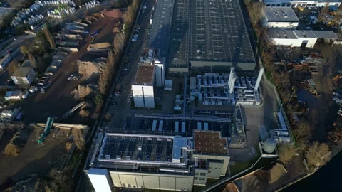 Data center building server cooling infrastructure. Magic aerial view drone Stock Footage 324949893