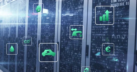 Data center cabinets displaying binary code while floating green icons showing Stock Footage 307461809
