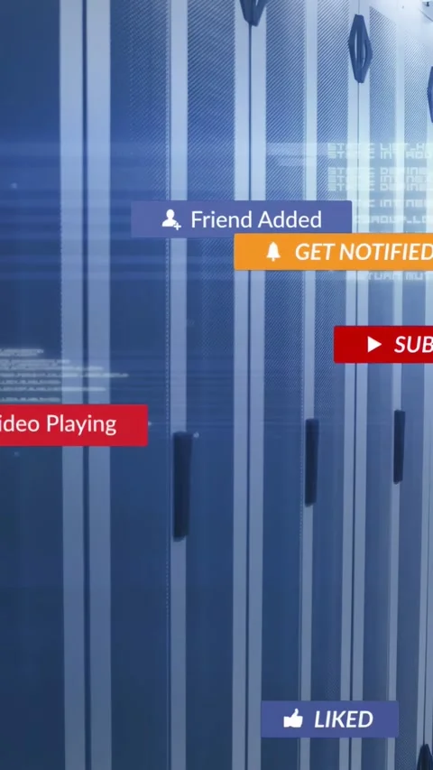 Data center cabinets reacting to alerts, showing Play Send Subscribe badges Stock Footage 332747860