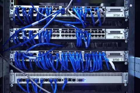 Data center, cables and cloud computing in server room for information Stock Photos