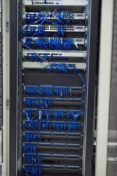 Data center, cables and hardware in server room for information technology 스톡 사진