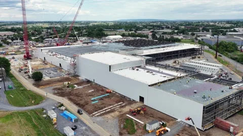 Data center campus in Lancaster shows completed white server building beside Stock Footage 337969098