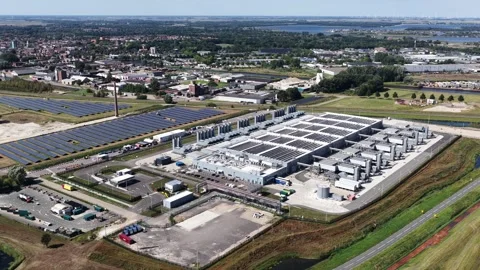 Data center campus powered by solar panels and green energy Stock Footage 346534114