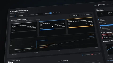 Data Center Capacity Planning Dashboard Server Room Power Grid UI Dark Tech Stock Footage 346344518