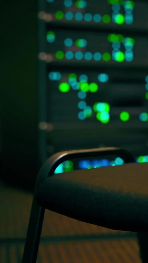 Data center with chair and server lights at night Stock Footage 337958582