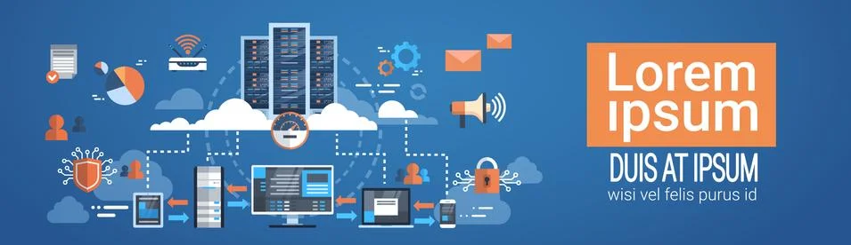 Data Center Cloud Computer Connection Hosting Server Database Synchronize Illustrazione stock