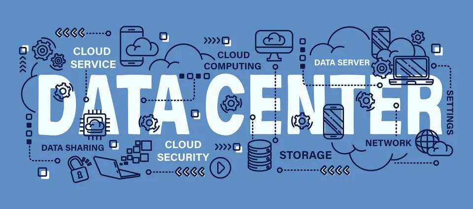 Data center. Cloud computing concept . Word with line icon art banner style.. Stock Illustration