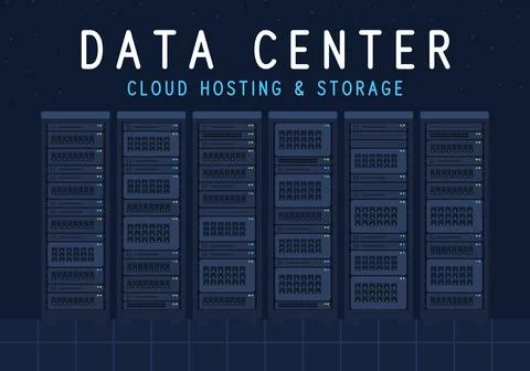 Data center cloud hosting and storage banner with six server racks in a row, Stock Illustration