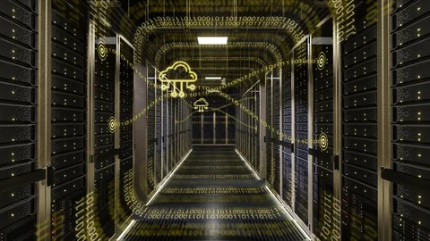Data center cloud storage binary data simulation with golden racks Video stock 117732464