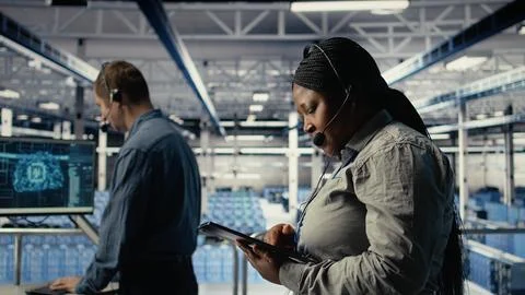 Data center colleagues using artificial intelligence to help customers Stock Photos