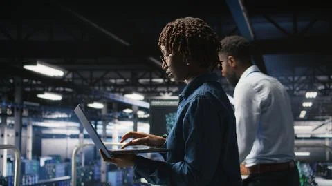Data center computer scientist doing maintenance tasks on laptop Foto stock