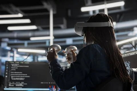 Data center computer scientist programming equipment using virtual reality 스톡 사진