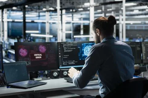 Data center computer scientist trying to fix malfunctions using AI Stock Photos