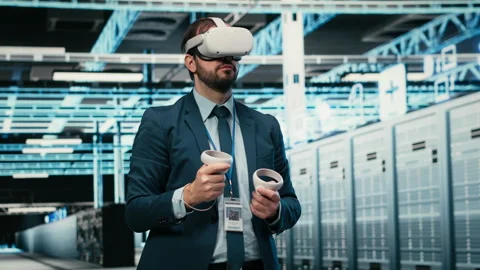 Data center computer scientist uses VR headset tech to visualize system errors Stock Footage 329530606