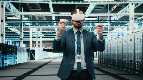 Data center computer scientist uses VR headset tech to visualize system errors Stock Footage 329531592