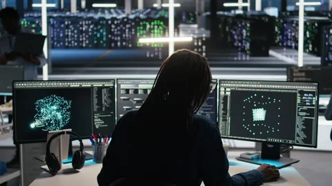 Data center computer scientist using node tree software to analyze datasets Stock Footage 307037651