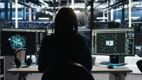 Data center computer scientist using node tree software to analyze datasets Stock Photos