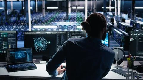 Data center computer scientist using PC to monitor neural network using AI LLM Foto stock