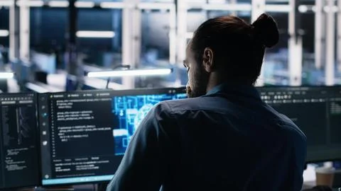 Data center computer scientist using PC to monitor neural network using AI LLM Foto stock