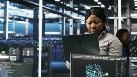 Data center computer scientists use node tree programming to identify issues Stock Footage 307038160