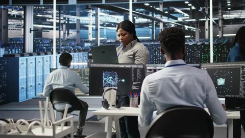 Data center computer scientists use node tree programming to identify issues Stock Footage 309114409