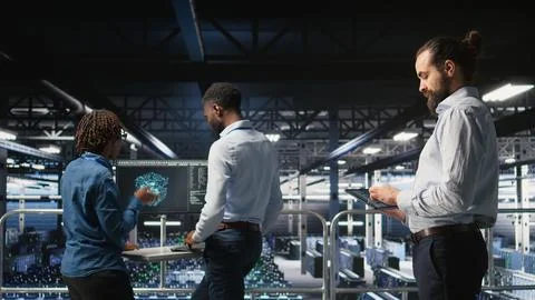 Data center computer scientists using devices to review AI LLM visualizations 写真素材