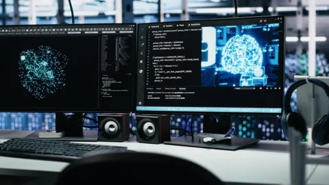 Data center computer systems on desk controlling network resources through AI Stock Footage 313567387
