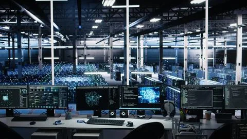 Data center computer systems on desk controlling network resources through AI Foto stock